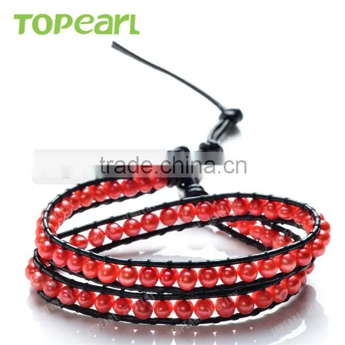 Topearl Jewelry Potato Shape Red Freshwater Pearl Bracelet Woven Leather Wrap Festival Bracelets for Women 14 inches CLL162