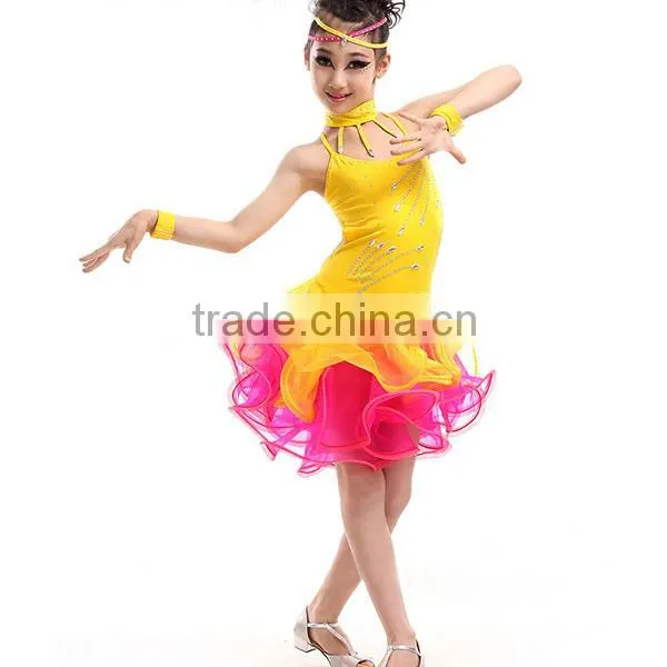 High level kids professional competition latin dance costume for girls Bright drill tassel Latin dance skirt