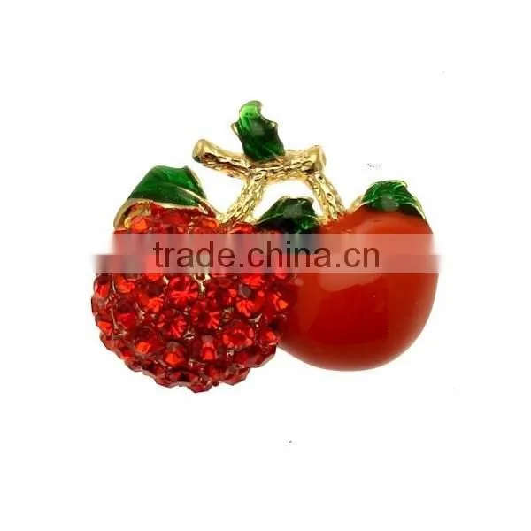 Wholesale 3*2.2cm Gold Tone Small Red Crystal & Enamel Cherry Brooch