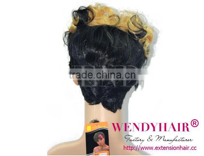 black hair with yellow highlights short kinky curly synthetic wig