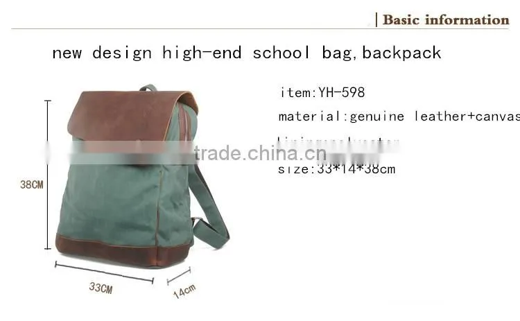 Casual design canvas and genuine leather backpack,teenage school backpack