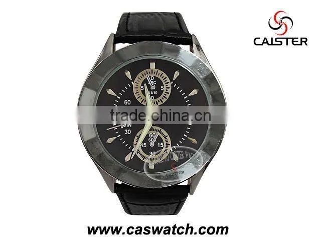 fashion custom false chronograph face watches PU leather gift promotion watch cheap metal watch for men