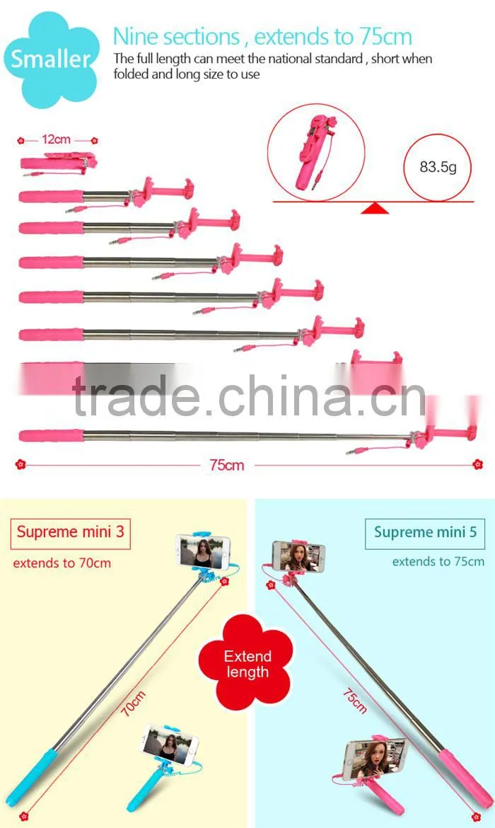 Perfectday Foldable Extendable Cable Selfie Stick Colorful 2015 New