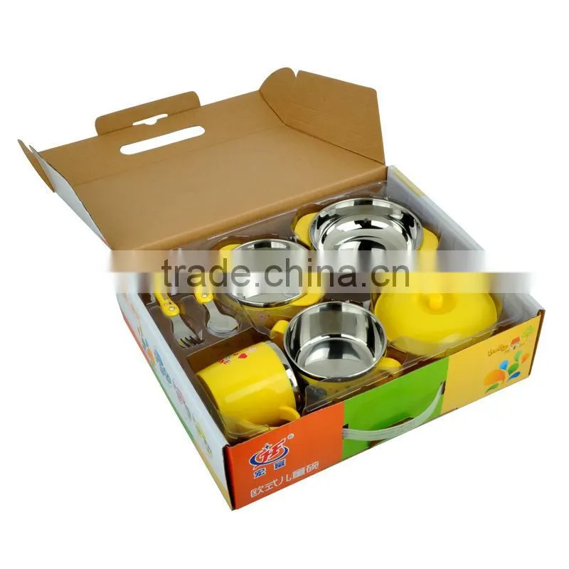 tableware wholesale stainless steel color bowls set with fork spoon and plastick lid for kids