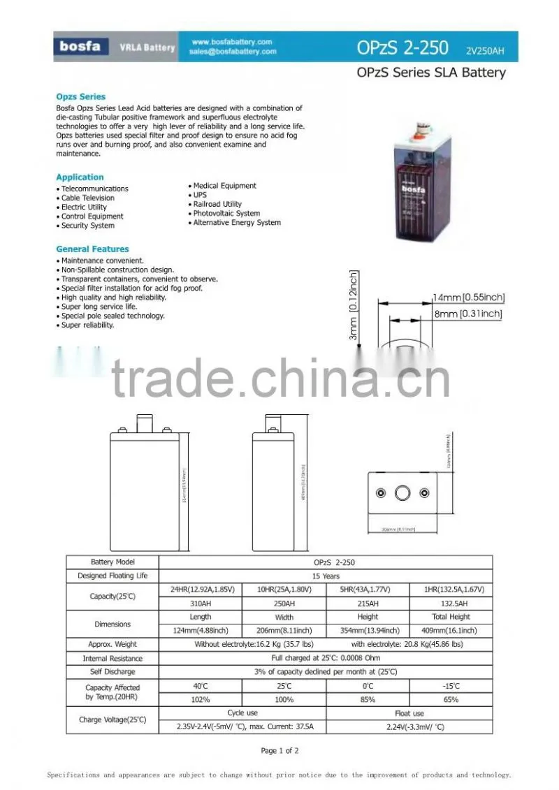 OPzS2-250 industrial tubular battery tubular battery 2v 250ah opzs storage battery 2v tubular lead acid battery 2v 250ah battery