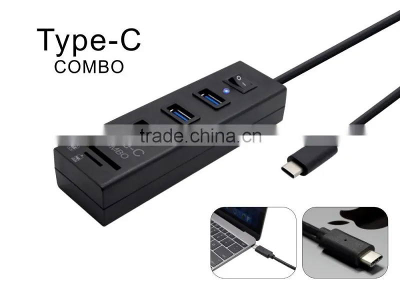 USB 3.1 Type-C (USB-C) Hub combo 3 USB3.0 Port and High speed SD TF MMC card reader with Power Switch