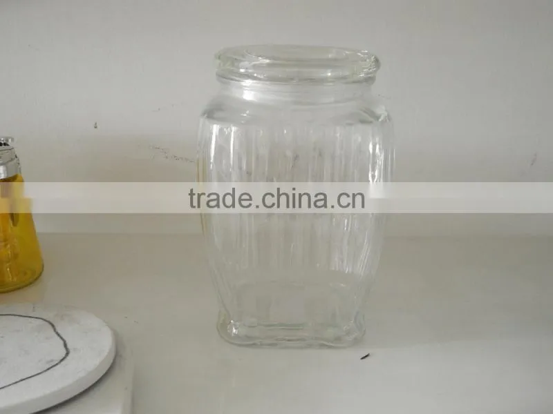 hermetic square buttom glass storage jar with vertical stripe and lid