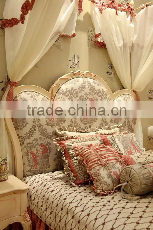 European style antique ivory color and pink hand drawing children wooden carved girl princess bed with canopy - BF07-70357