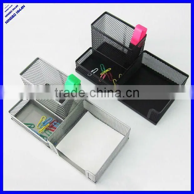 Rectangle 3 compartment metal mesh pen holder and note holder