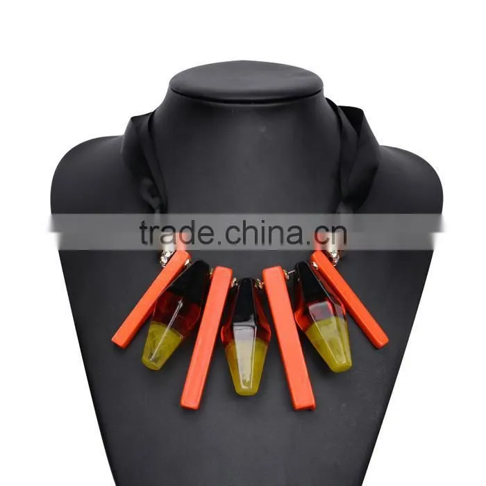 Europe America new design exaggerated geometric acrylic pendant necklace adjustable silk ribbon necklace