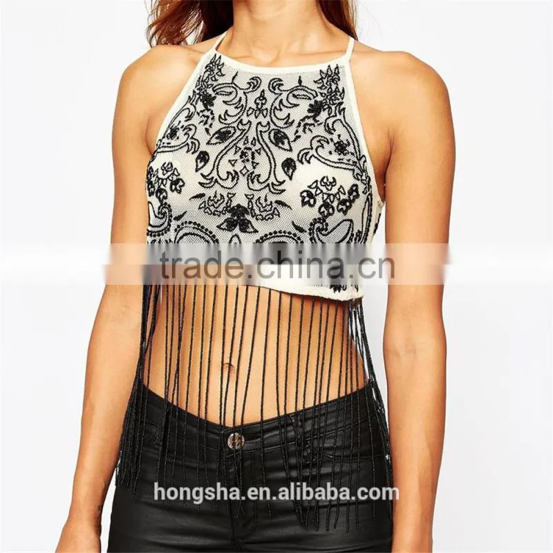 Sexy net tops for girls contrast embroidery embellished fringing crop top HST3397
