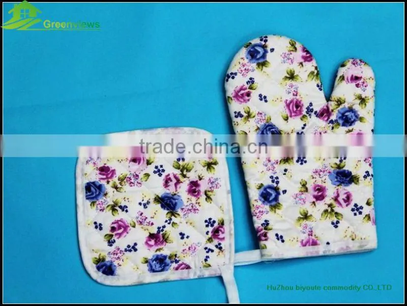 Cotton printed yellow stripe oven mitt & pot holder Factory Eco friendly pot holders and oven mitts 2 kitchen sets-oven