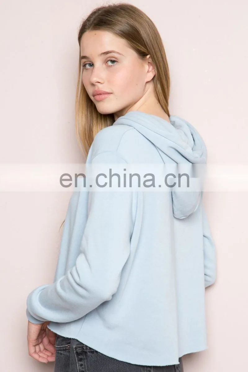 Soft Fleece-lined Pastel blue Cropped Raw Cut Hems Blank Pullover Hoodie