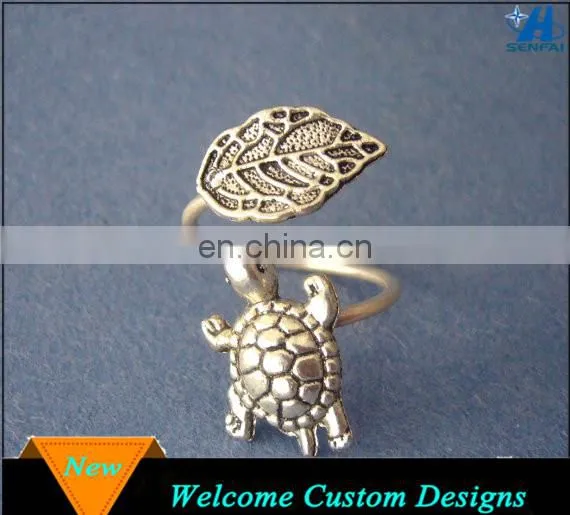 Fashion Jewelry Statement Silver Animal Turtle Adjustable Rings With A Leaf