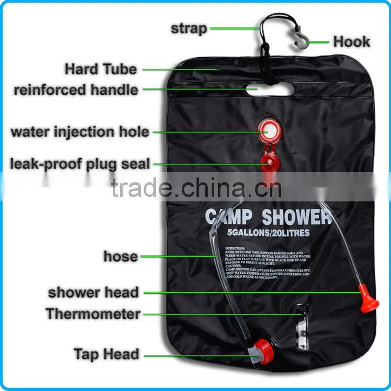 5 Gallons Solar Heating Camping Shower Bag 20L Thermometer 92-128 fahrenheit Hot Water