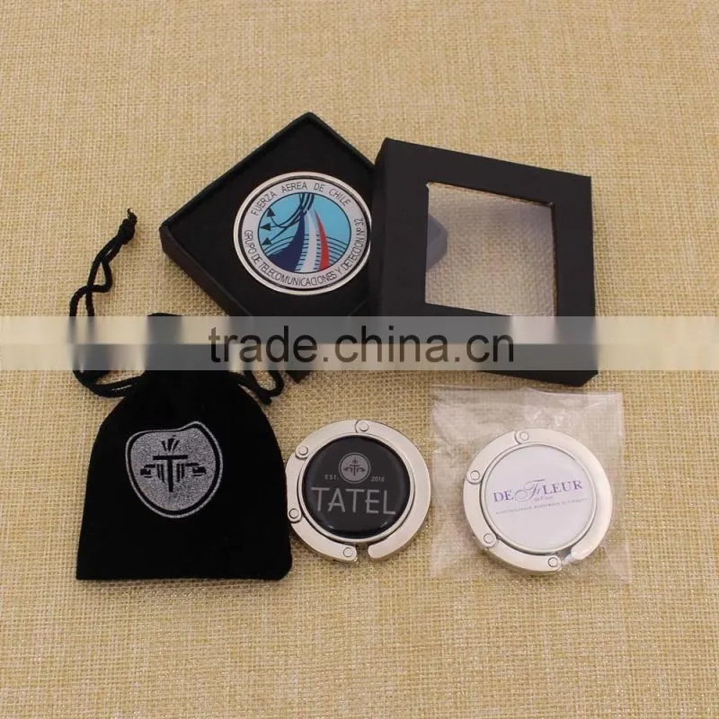Custom Logo Printed Metal Purse Hanger /Round Bag Hanger with Soft Epoxy