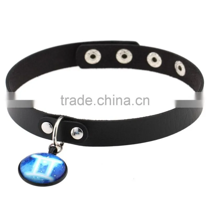 Fashion Women Man Round Zodiac Pendant Necklace Leather Chain Necklace Choker Vintage Jewelry
