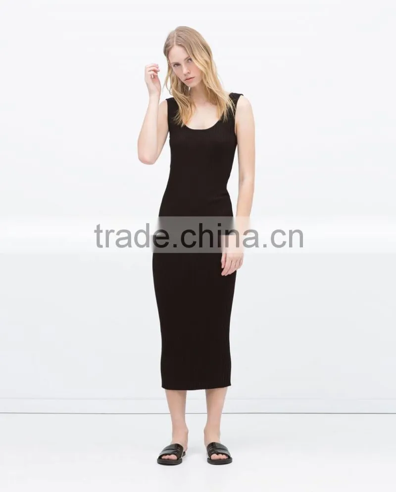 New arrival sleeveless long black maxi dress in flat knit rib fabrics