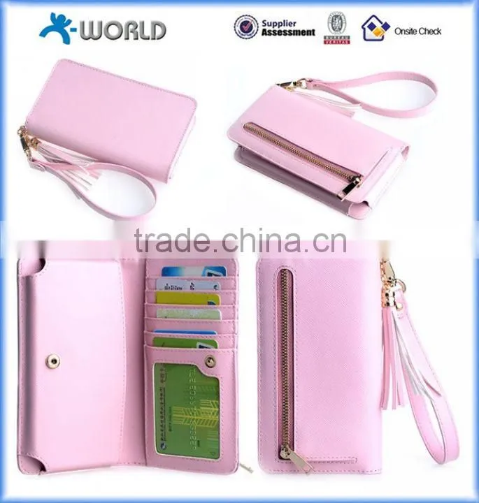 Cute Zipper Leather Wallet Case For iPhone 6S with wrist strap