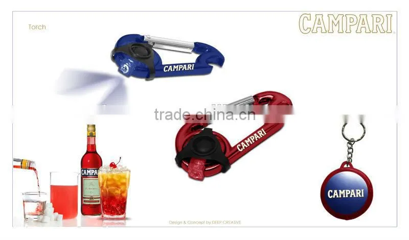 Promotional Gift Aluminum carabiner torch, bottle opener carabiner flashlight, opener torch