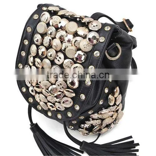 2015 New Model Korean Fashion Button Diamond Retro Popular Tassel Backpack/Crossbody Bag (BCC029-1)