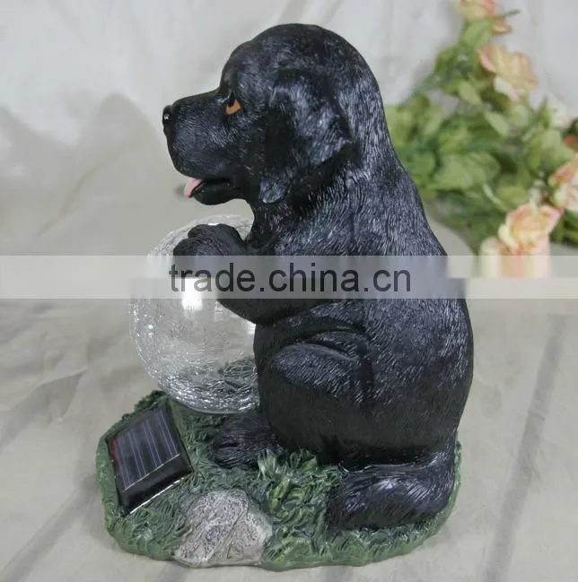 Resin solar lighting dog figurine with luminous glass ball