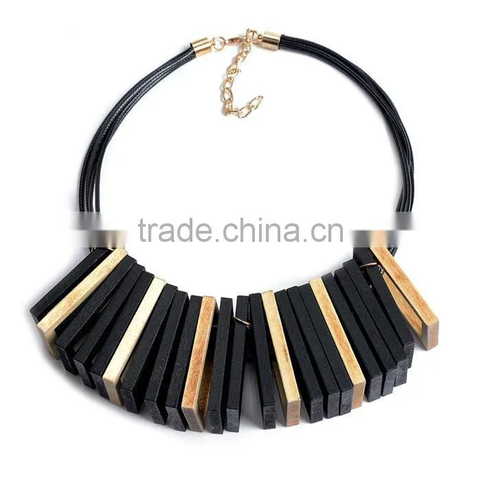 red black wooden square pendant choker necklace geometric wood choker necklace Korea wax cord choker necklace