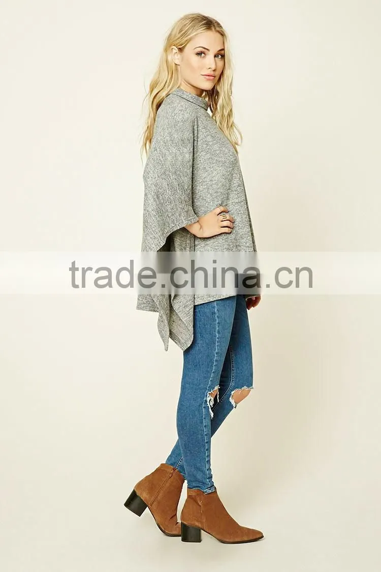 High Quality Custom Comfortable Girls Women Soft Knit Mock High Neck Poncho Pullover Draped Cape Flare Sleeves Blouses Tops
