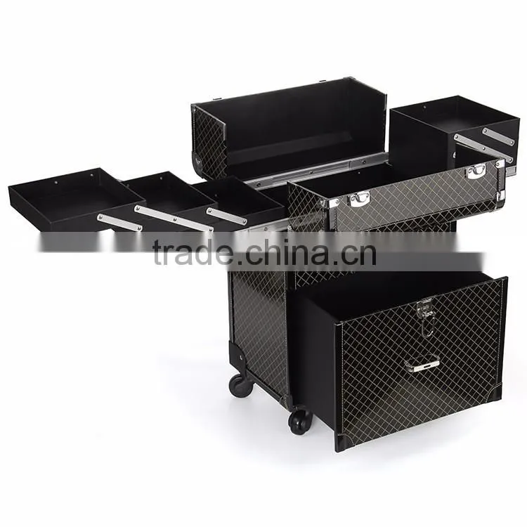 Functional PVC Trolley case Makeup box cosmetic display case With rolling Wheels