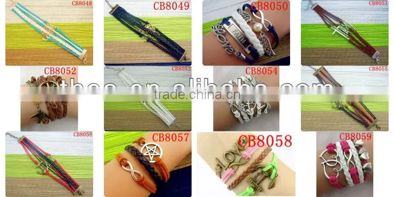 CB8172 pink wax rope anchor sliver leather bracelet wedding decoration