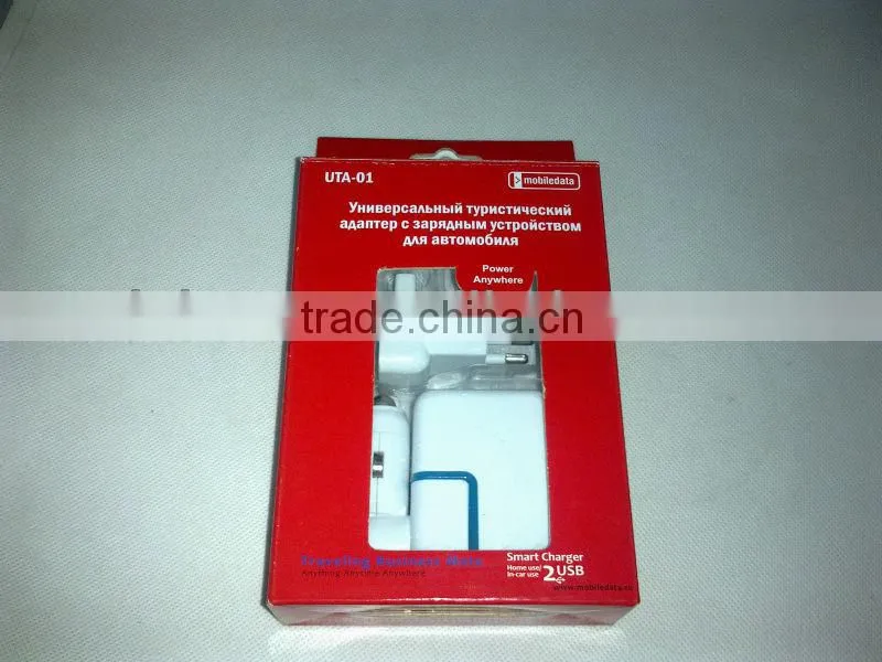 Universal AC inter-changeable plug and car charger with 2 USB output