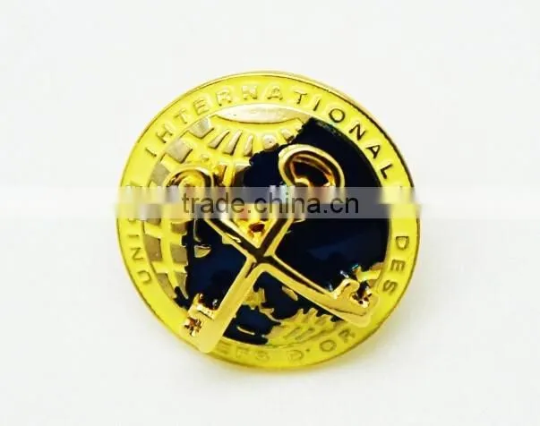 Golden supplier metal lapel pin with logo engraved colours
