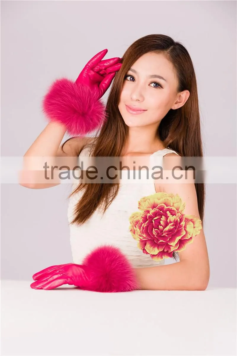 Awesome Design Custom Made Suede Leather Gloves With Best Fox Hair Fur Cuffs