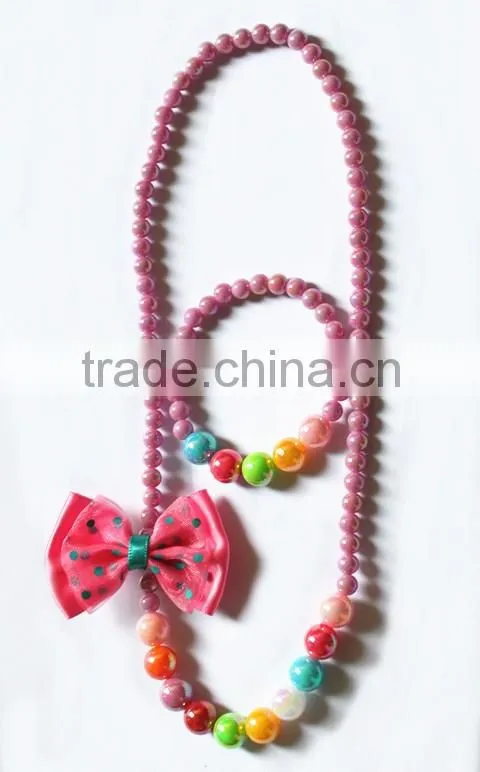 Candy colorful beaded necklace bracelet set with silk flower for kids