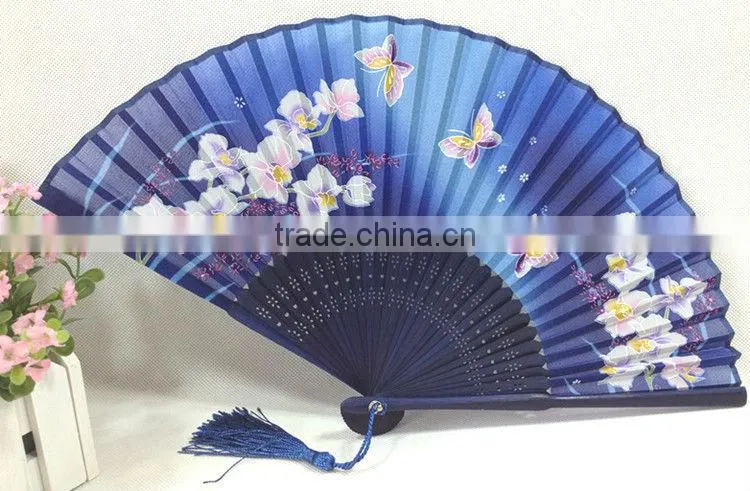 deep blue decorative silk bamboo fan with flowers,Chinese carved fans,Japanese fan