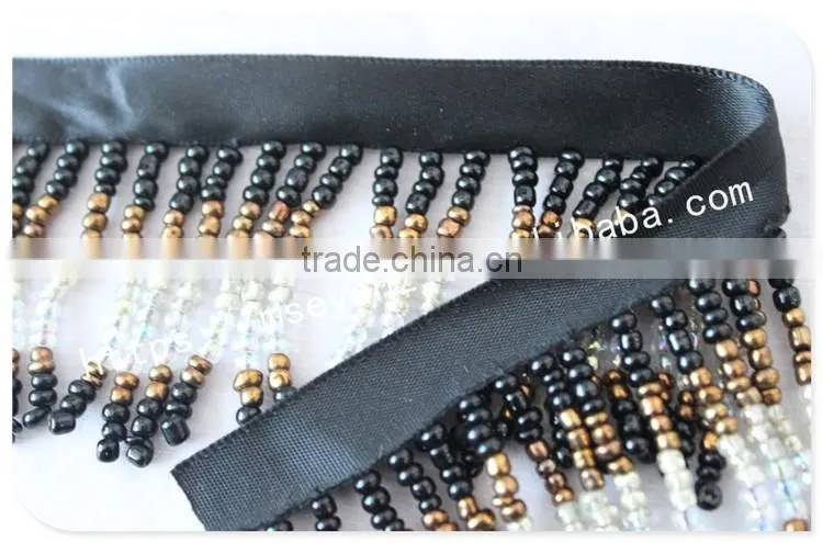 Newest design 7cm width webbing handmade beaded fringe wholesale