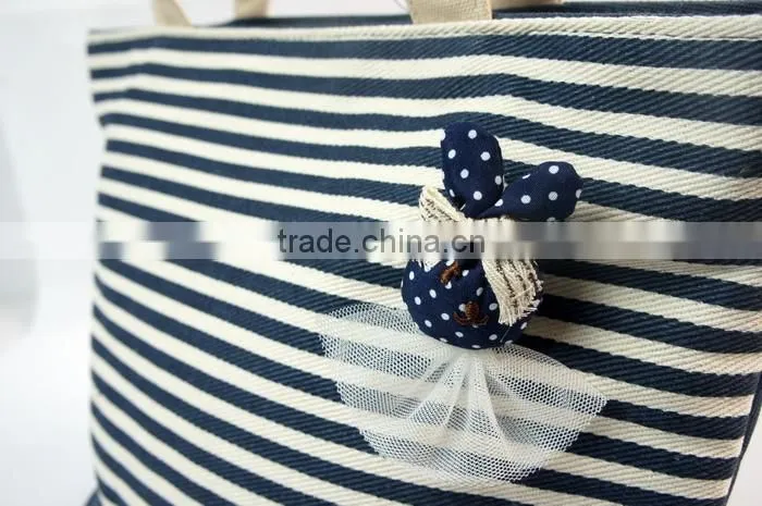Fashion Stripe Canvas Bag Women Handbag (Blue White)