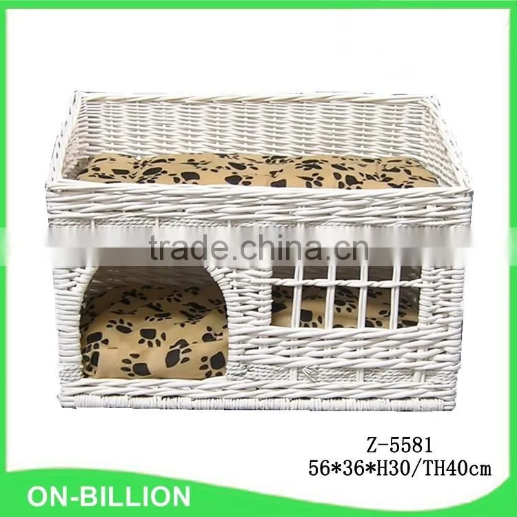 White wicker woven willow pet house with comfortable cushion