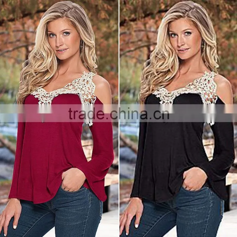 Sexy Lace O-neck Long Sleeve T-Shirt Loose Soft Wear Casual Blouse Tops