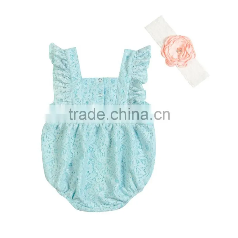high quality summer infants fashion jumpsuits+headband wholesale baby lace romper set boutique kids petti lace outfit