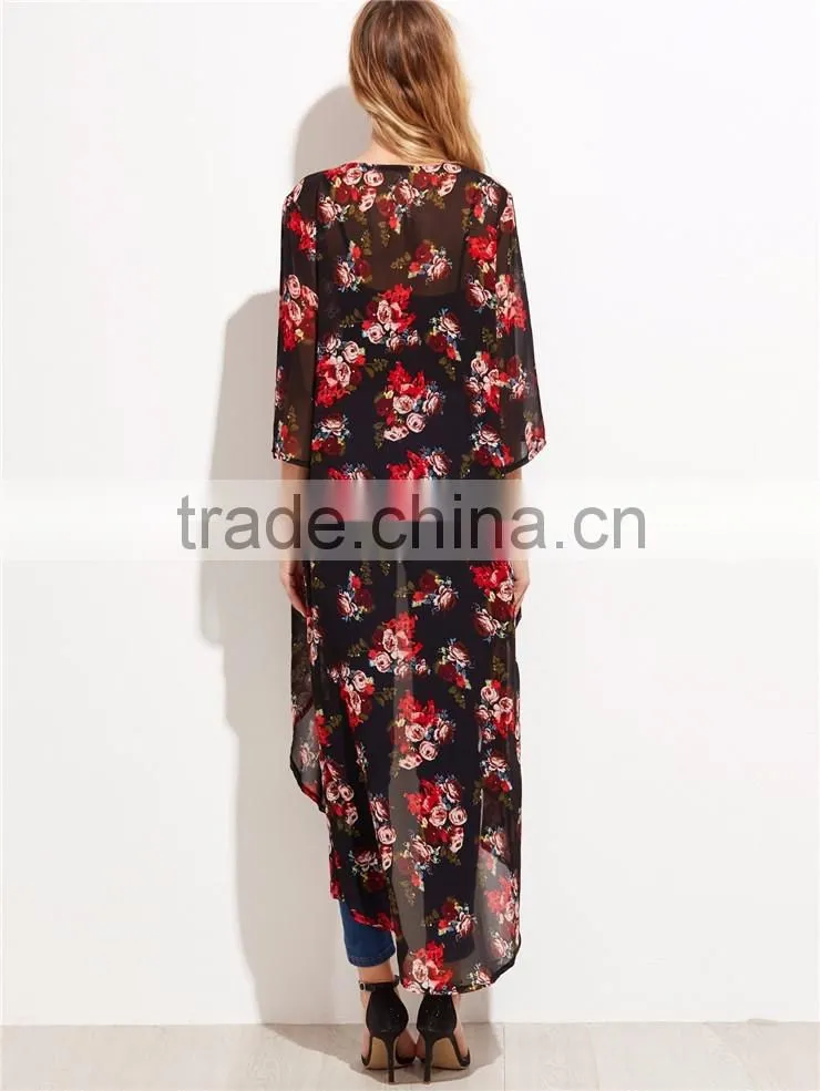 Custom Flower Print Women Soft Comfortable Beachwear Outwear Black Floral Longline Chiffon Kimono