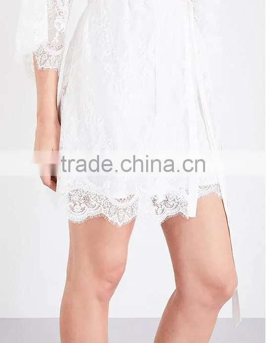 2017 new arrival ladies luxury silk satin robe, sheer floral-lace kimono robe