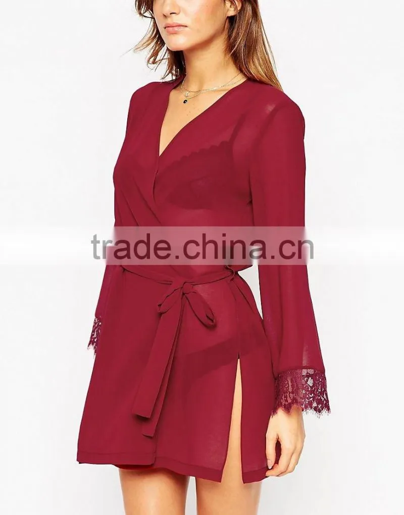 Sexy fashion semitransparent chiffon fabric lace cuff robe for lady