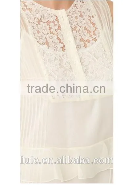 Latest Summer chiffon casual short dress with the floral lace and ruffled tiers sleevelesss elegant dress