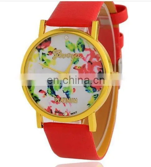 Women Quartz Watch Top Fashion Flower Female Clock Newly Design Simple Lady Dress PU Leather watch