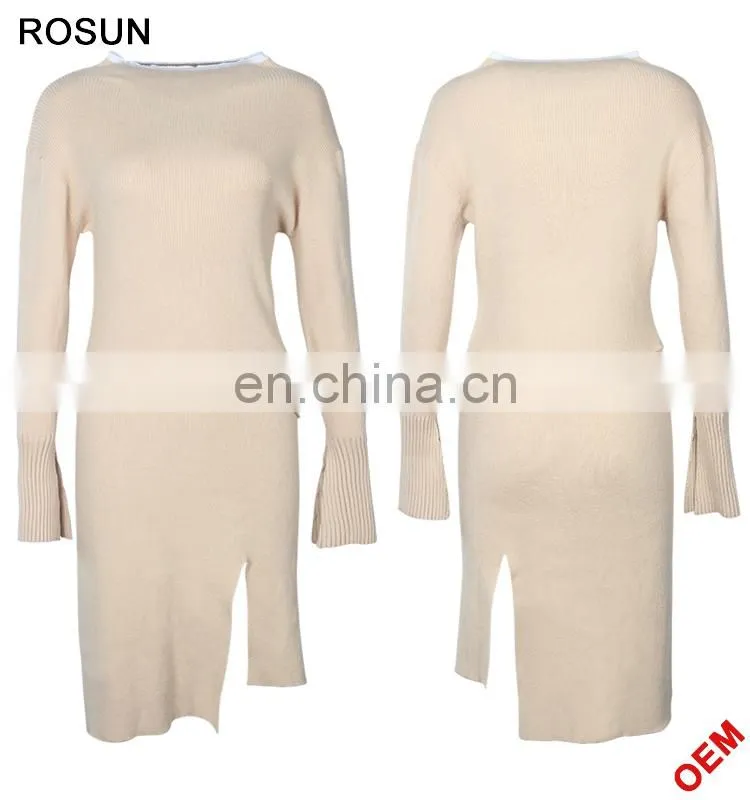 Ladies Cream Bottom Sleeves Cuffs Split Ruffle Dress Sweater