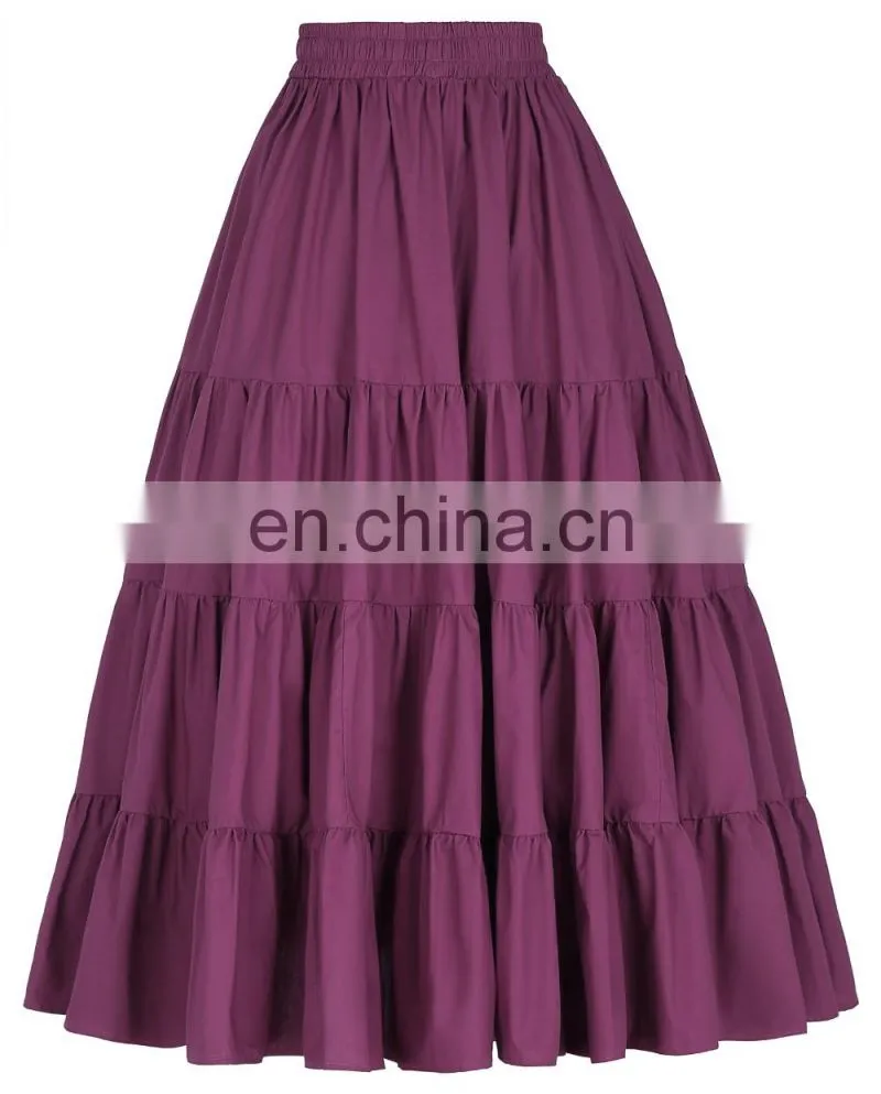 Belle Poque Women's Solid Wine Red Color Wide Hem Cotton Maxi Skirt Long Skirt BP000207-2