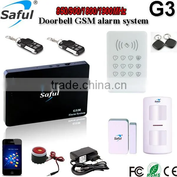 2015 the newest saful Android/IOS App Multi-Language Security GSM Wireless home security alarm system with touch keypad