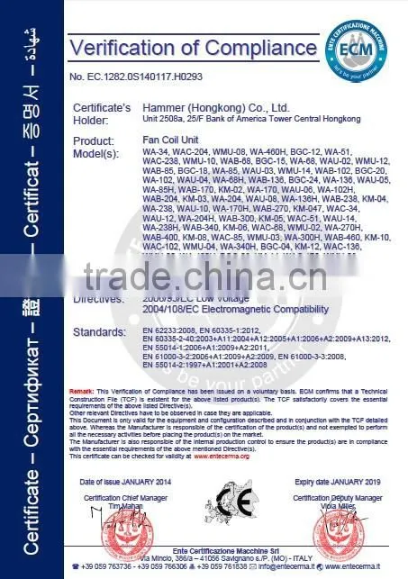 CE certified water chilled Cassette fan coil unit