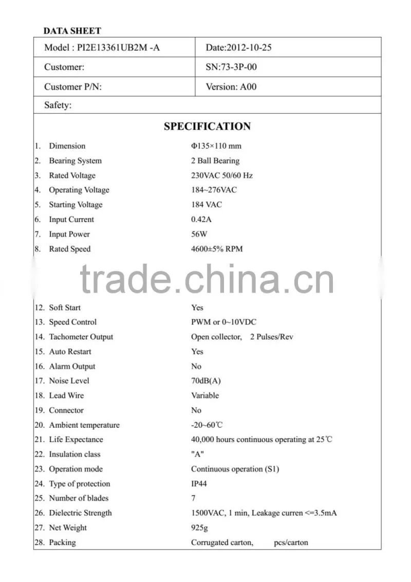 High Performance PSC 230v centrifugal ec fan 13361 with CE & UL for condenser